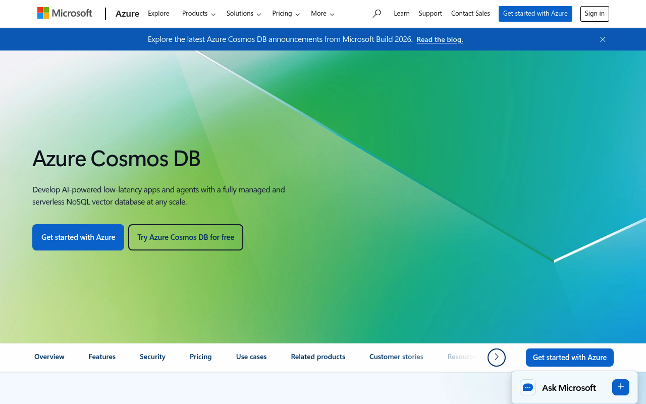 Azure Cosmos DB website screenshot