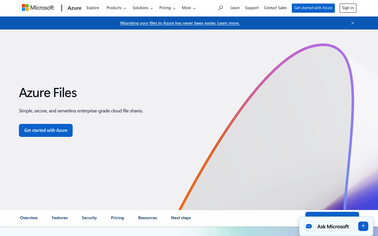 Azure Files website screenshot