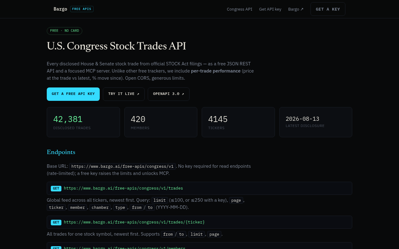 Bargo Congress Trades API screenshot