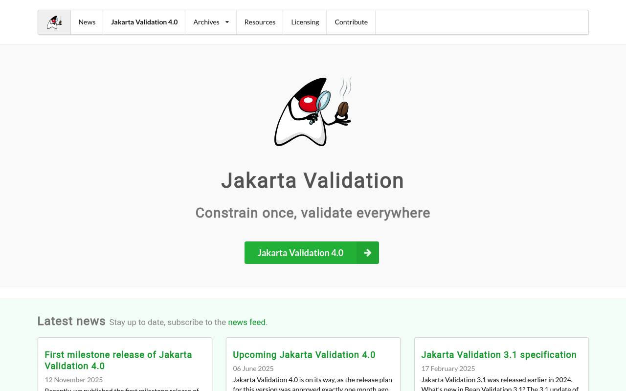 Bean Validation website screenshot