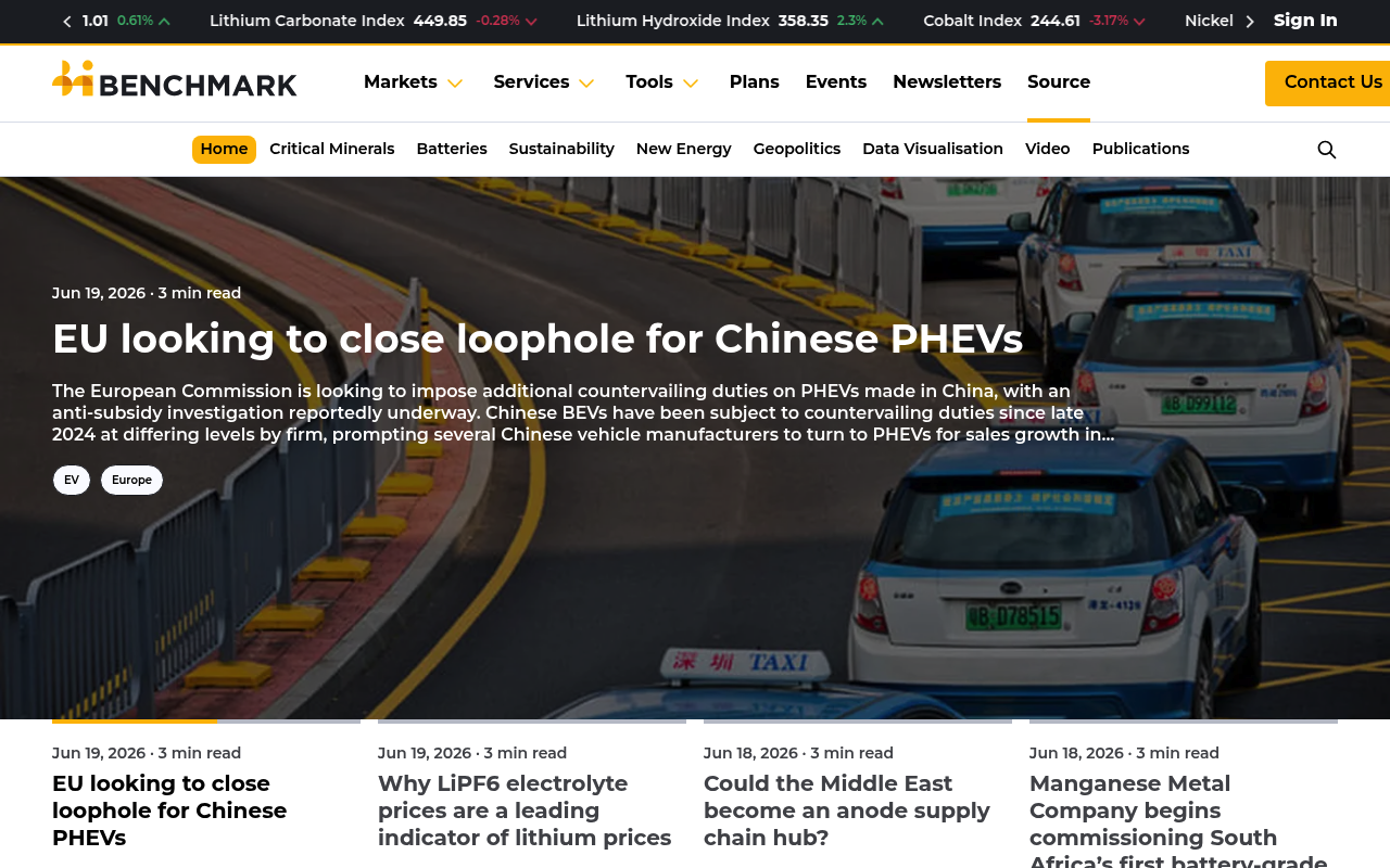 Benchmark Minerals website screenshot
