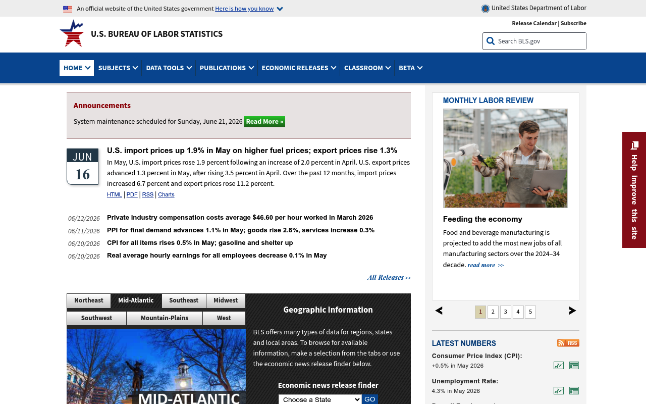 Bureau of Labor Statistics website screenshot
