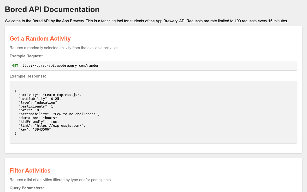 Bored API website screenshot