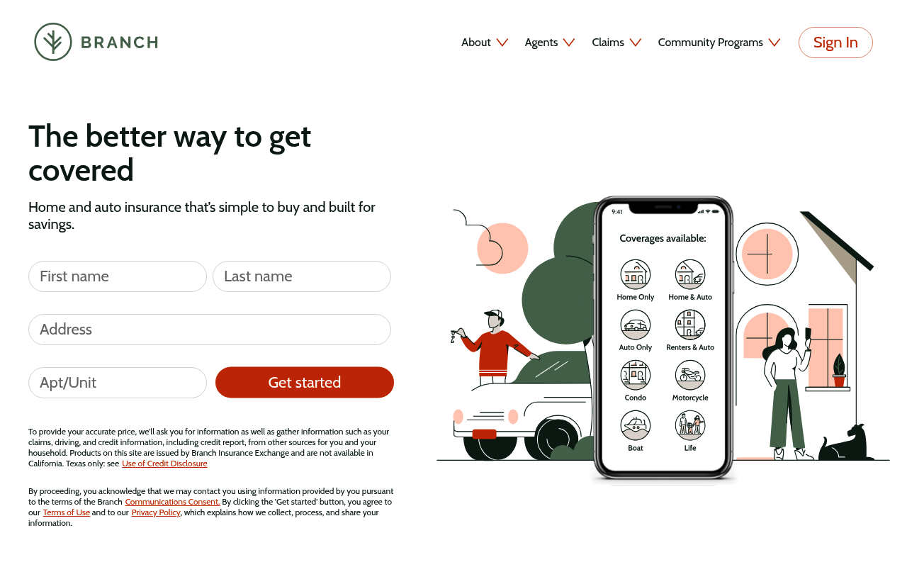 Branch Insurance website screenshot