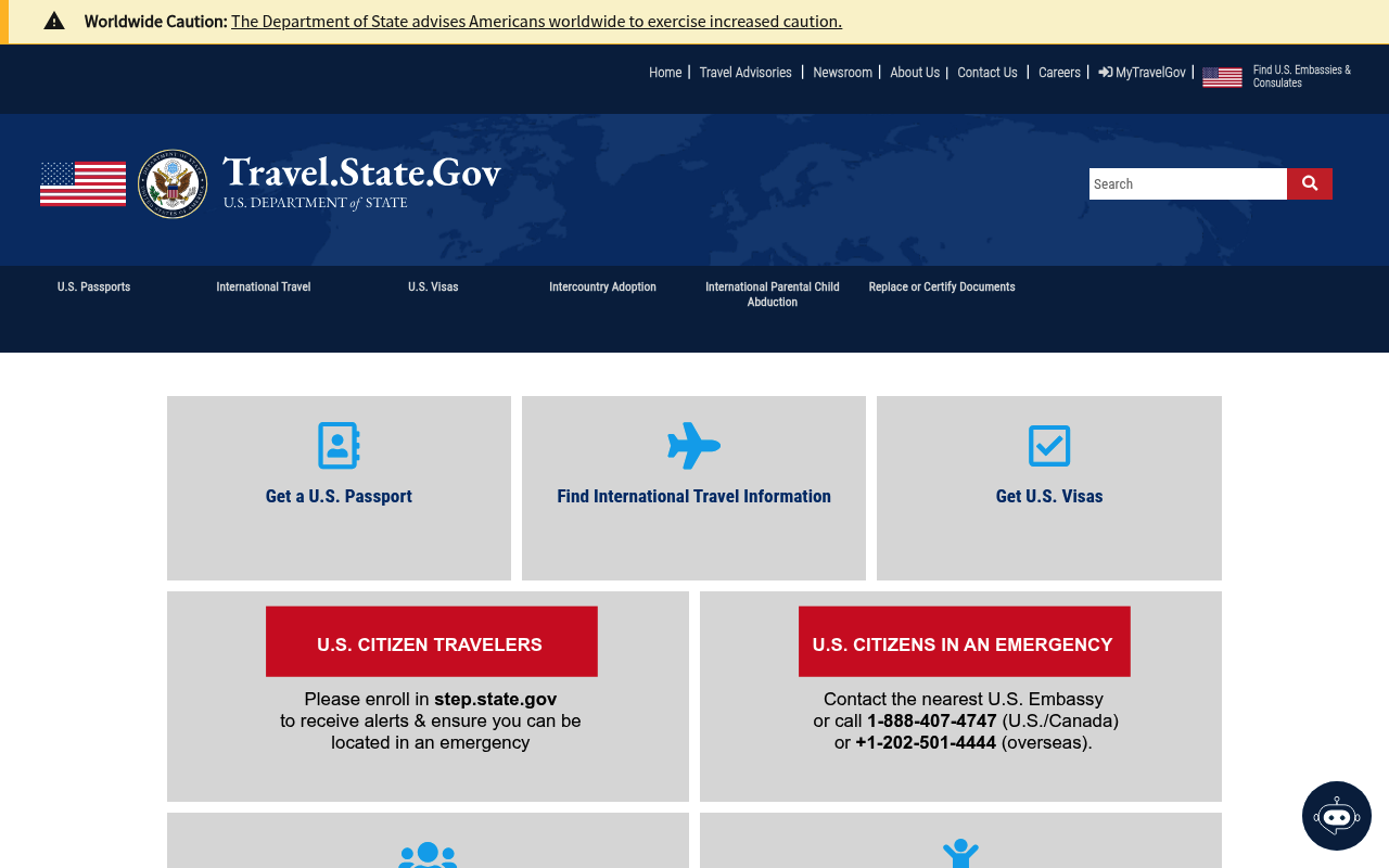 Bureau of Consular Affairs website screenshot