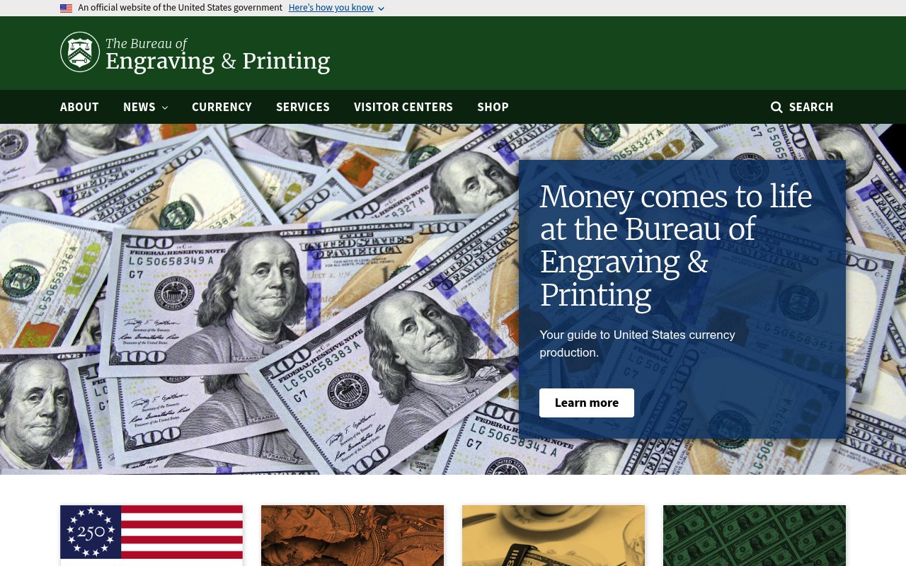 Bureau of Engraving and Printing website screenshot