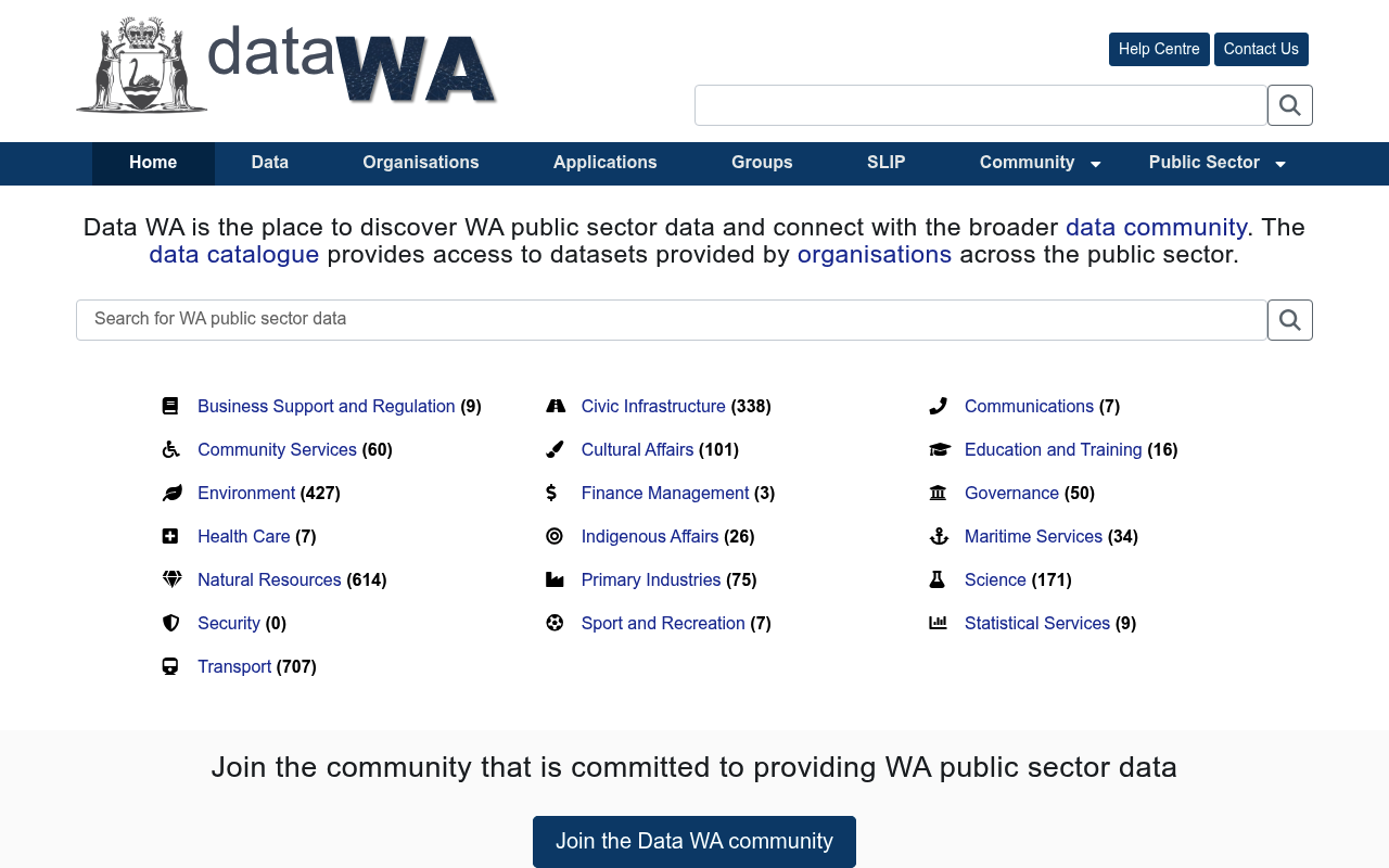 Western Australia Data Catalogue website screenshot