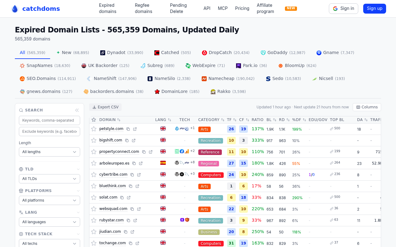 CatchDoms Expired Domains API website screenshot