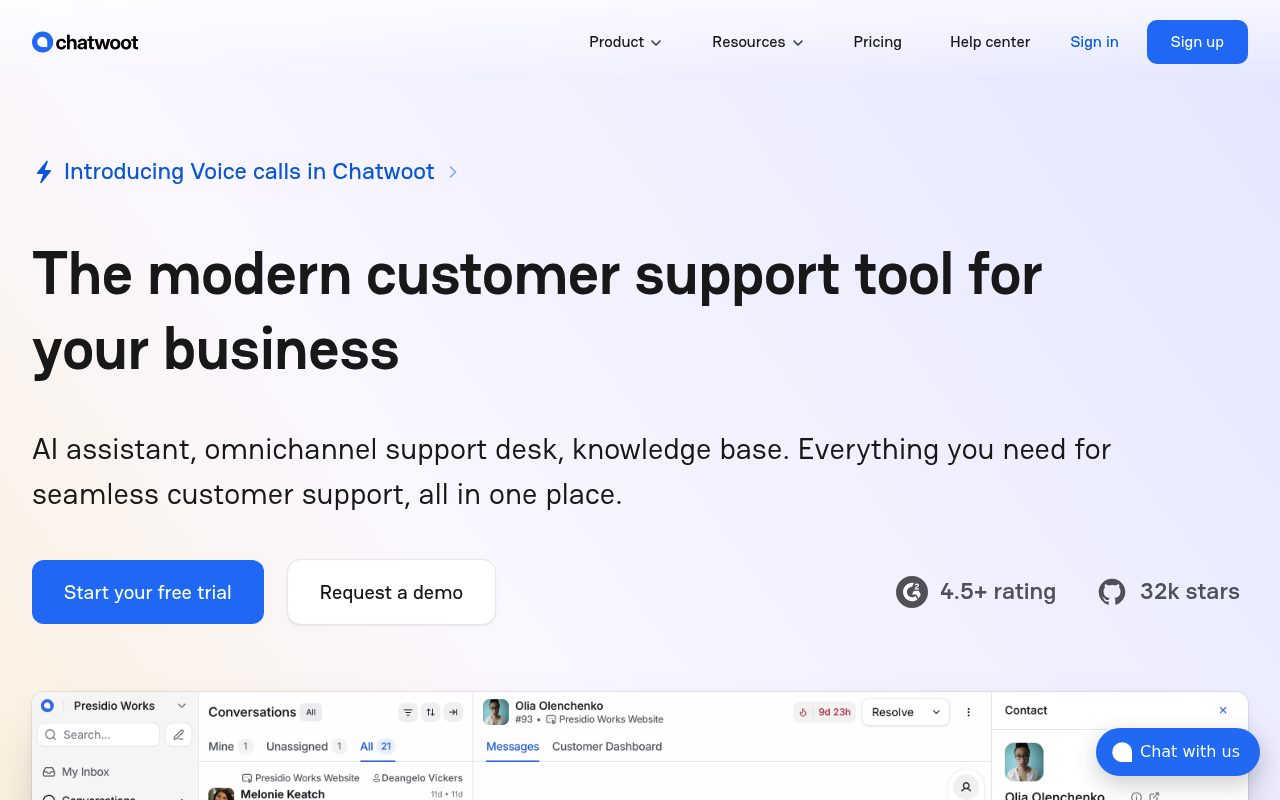 Chatwoot website screenshot