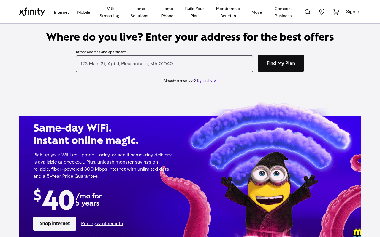 Comcast website screenshot
