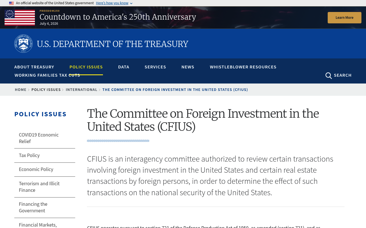 Committee on Foreign Investment in the United States website screenshot