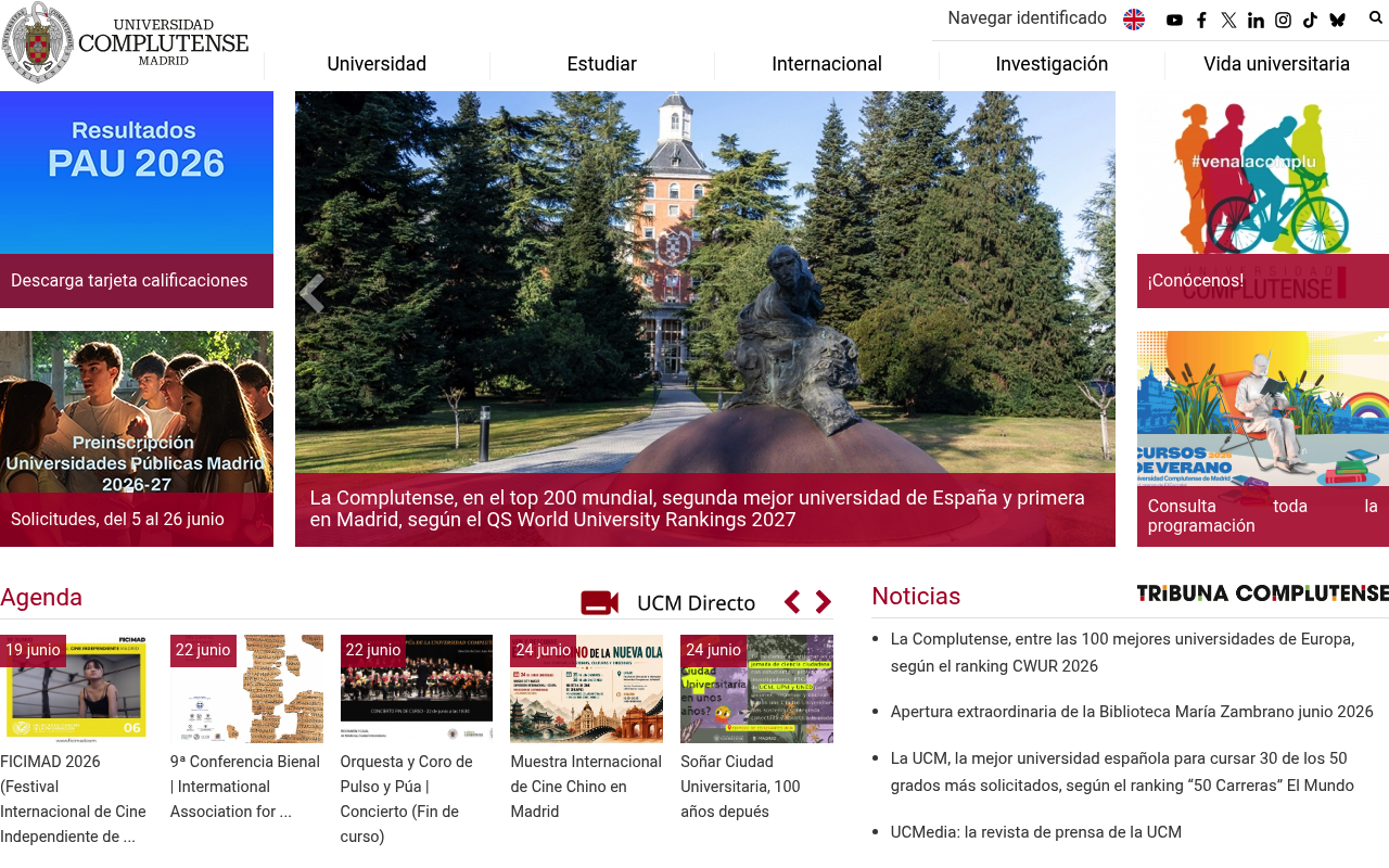 Complutense University of Madrid website screenshot