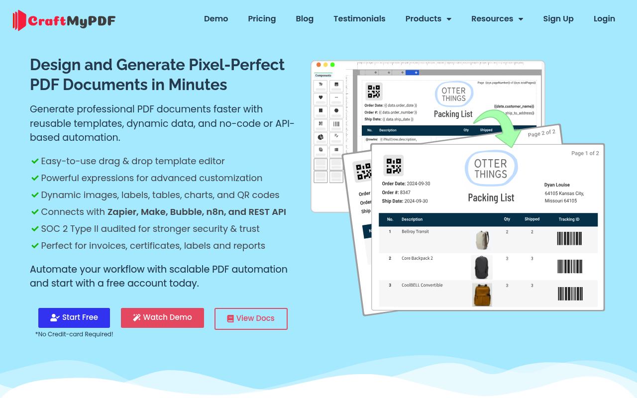 CraftMyPDF website screenshot