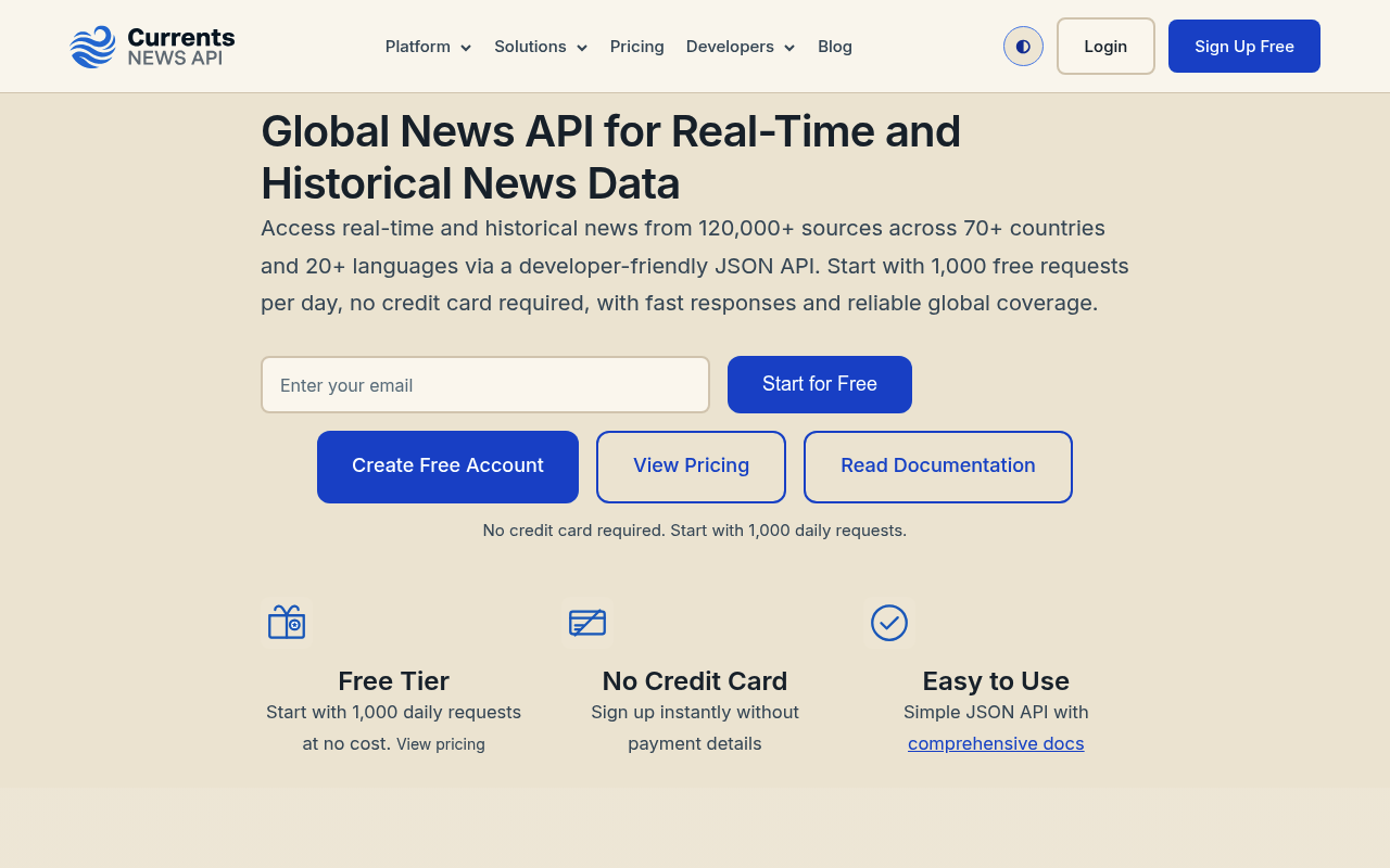 Currents API website screenshot