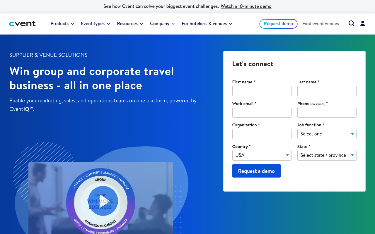 Cvent Hospitality Cloud website screenshot
