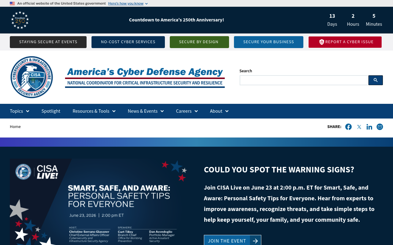 Cybersecurity and Infrastructure Security Agency website screenshot