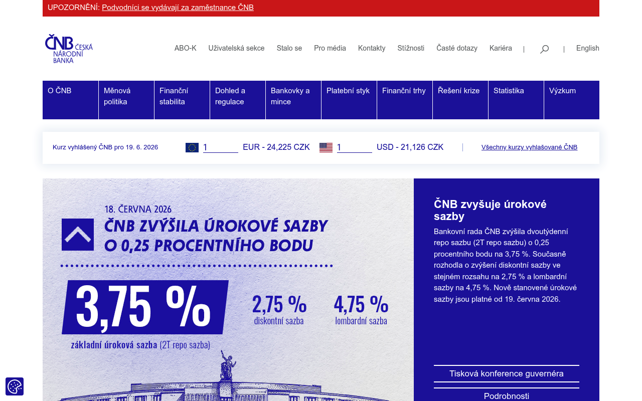 Czech National Bank website screenshot
