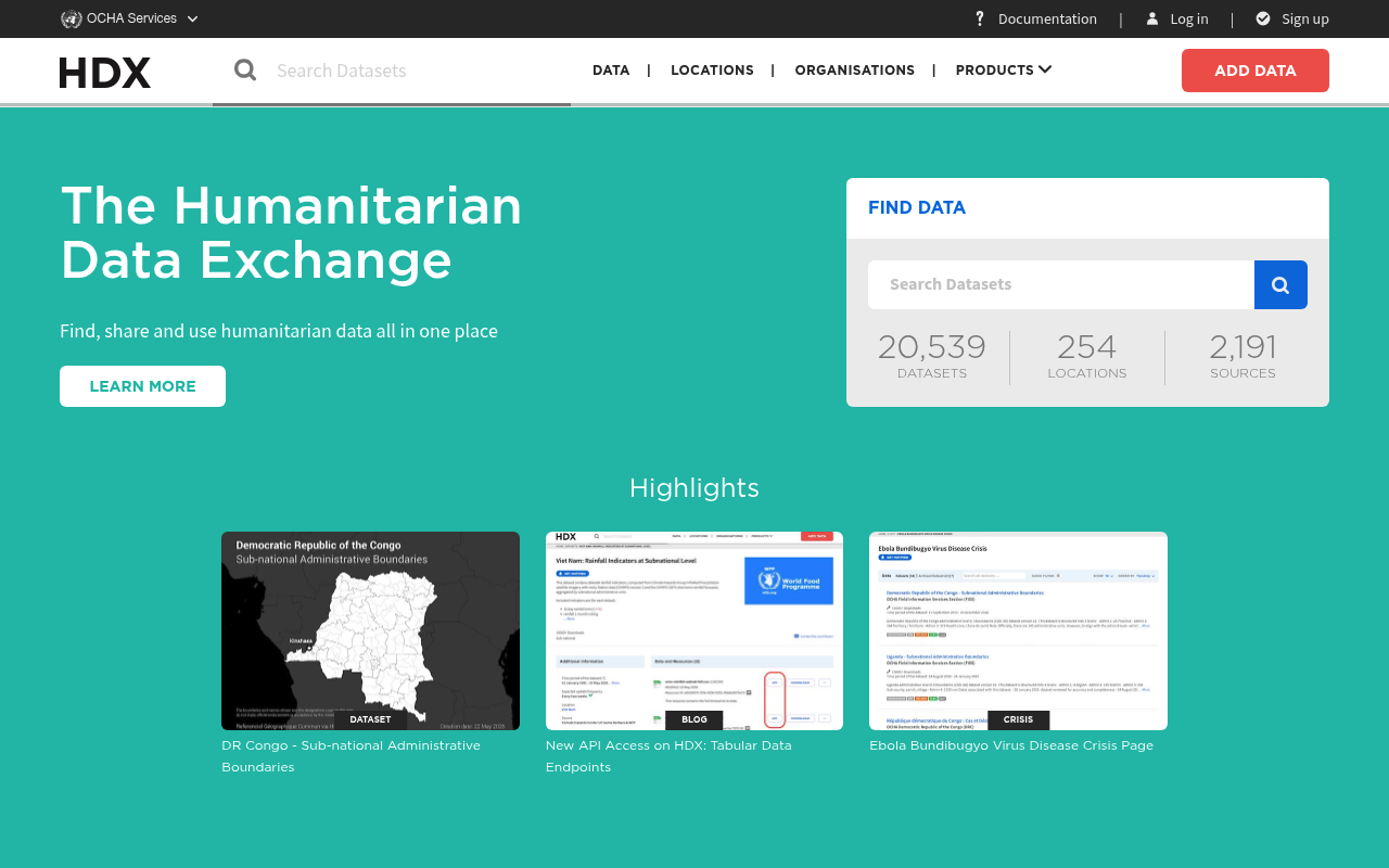 Humanitarian Data Exchange website screenshot
