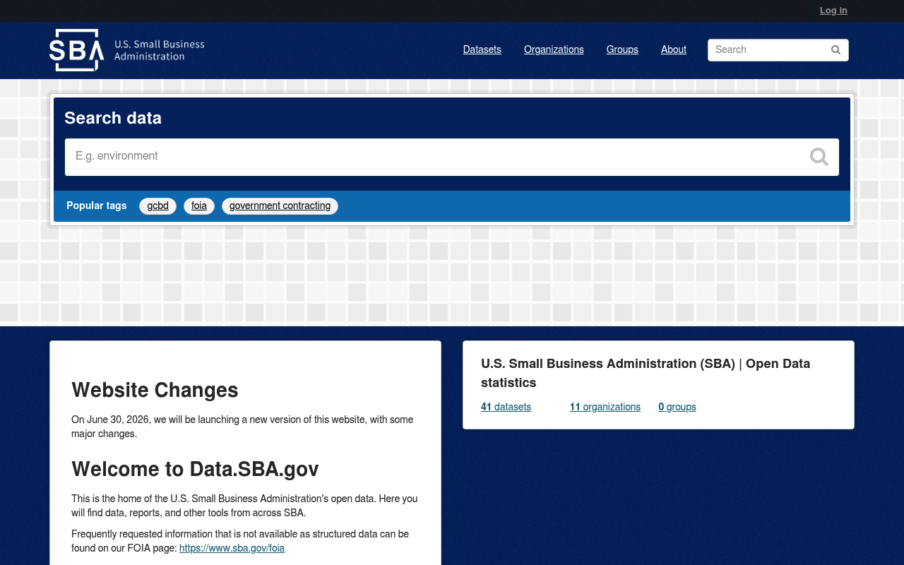 US Small Business Administration Open Data website screenshot