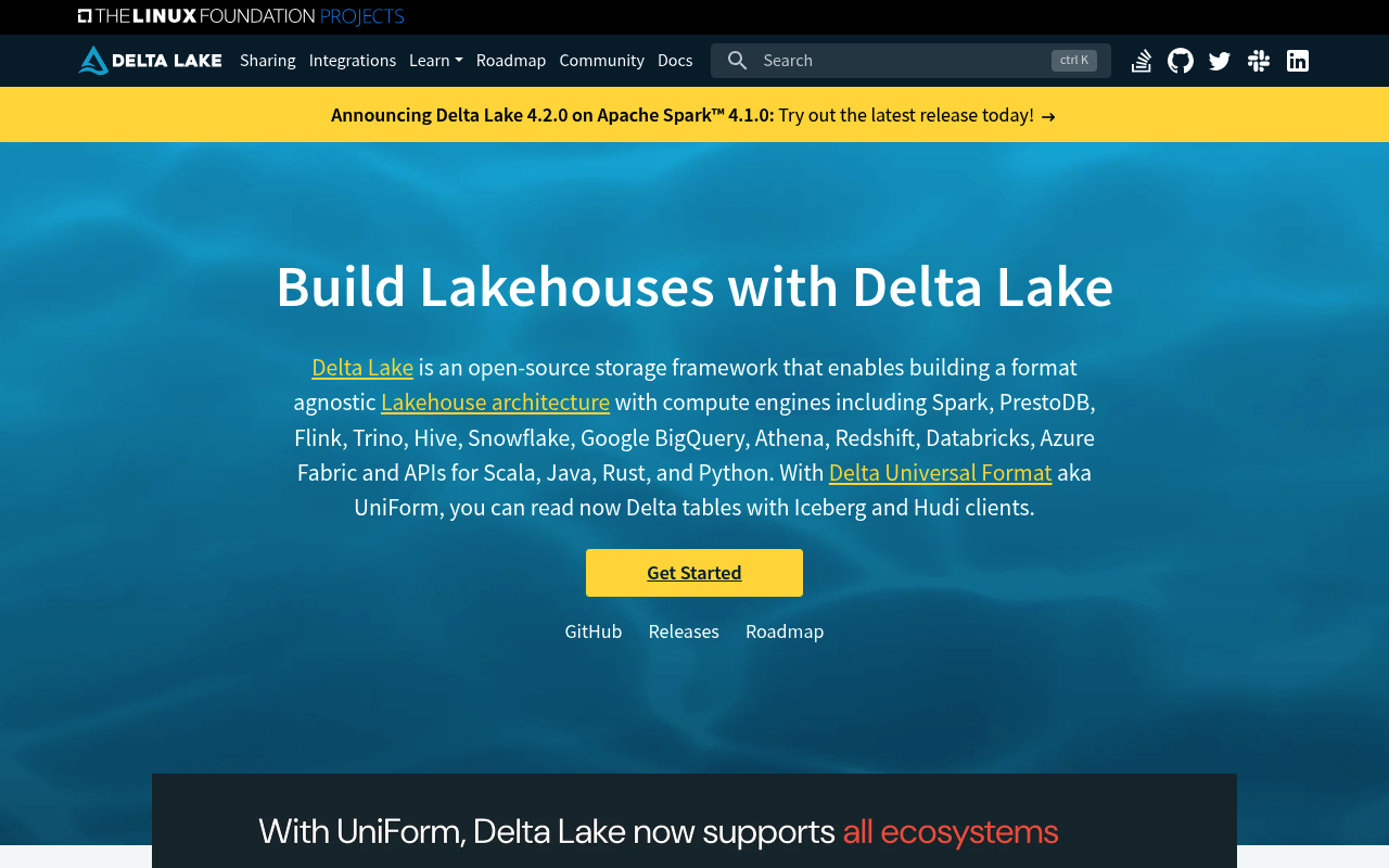 Delta Lake website screenshot