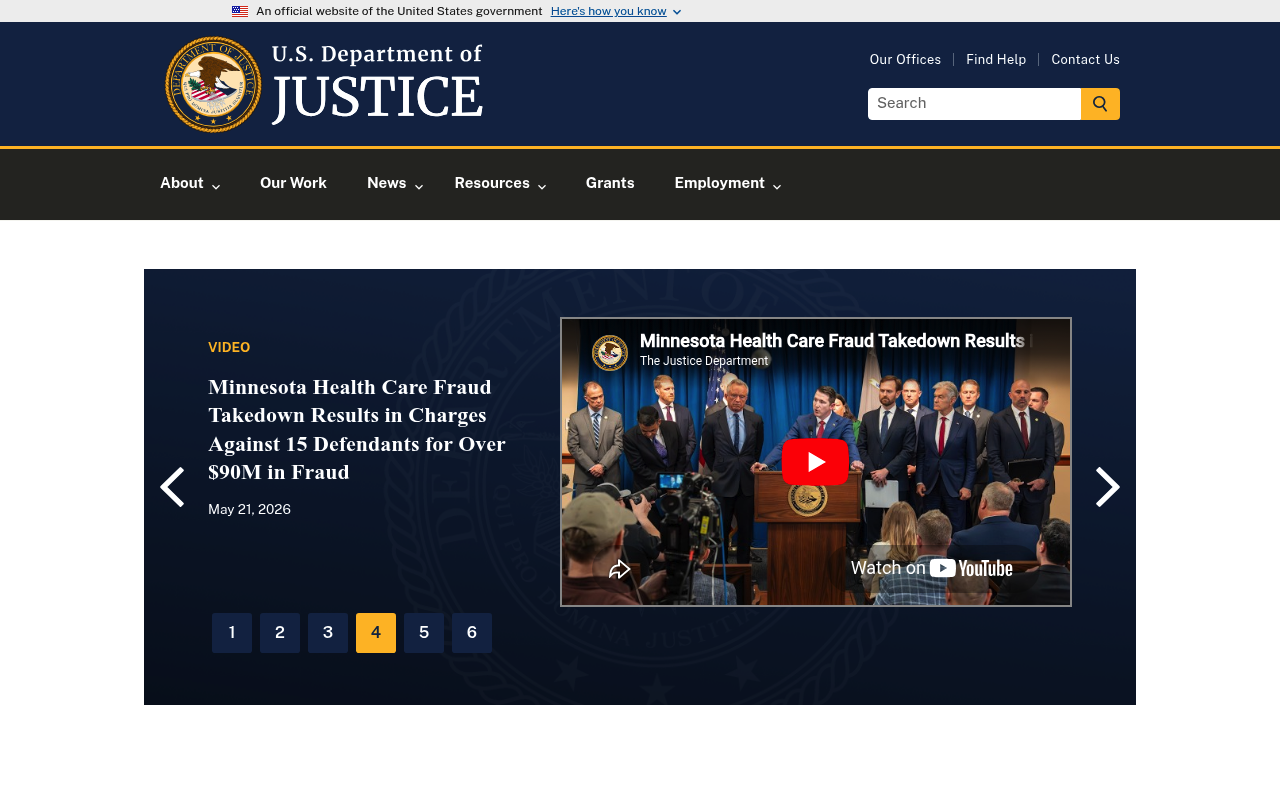 Department of Justice website screenshot