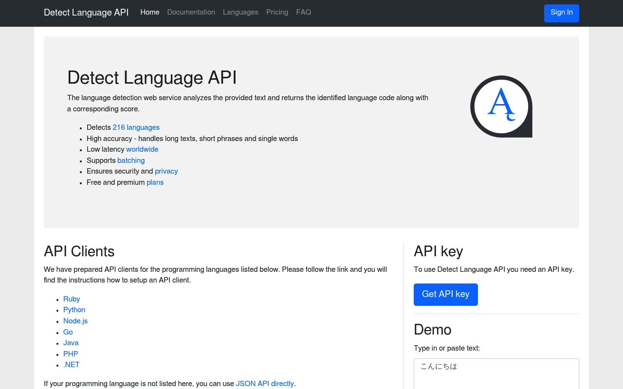 DetectLanguage website screenshot