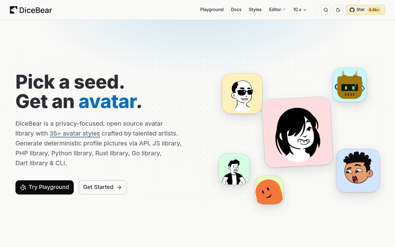 Dicebear Avatars website screenshot