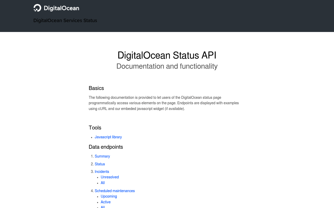 DigitalOcean Status website screenshot