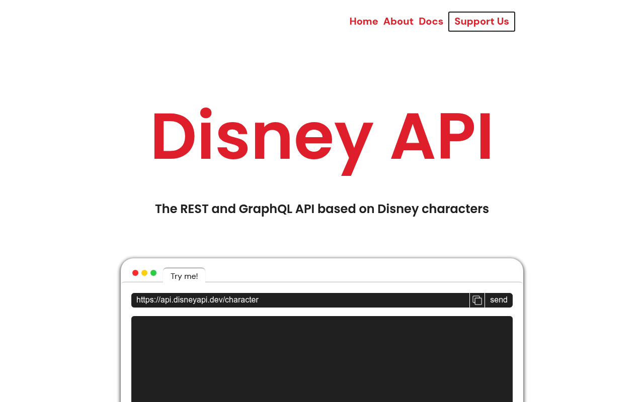 Disney API website screenshot
