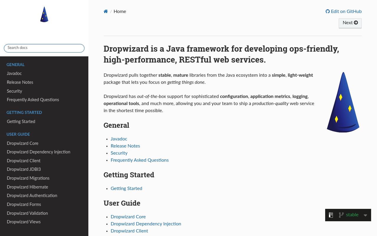 Dropwizard website screenshot