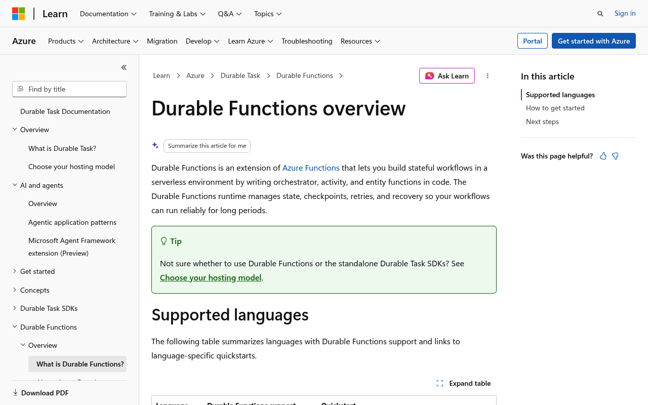 Azure Durable Functions website screenshot
