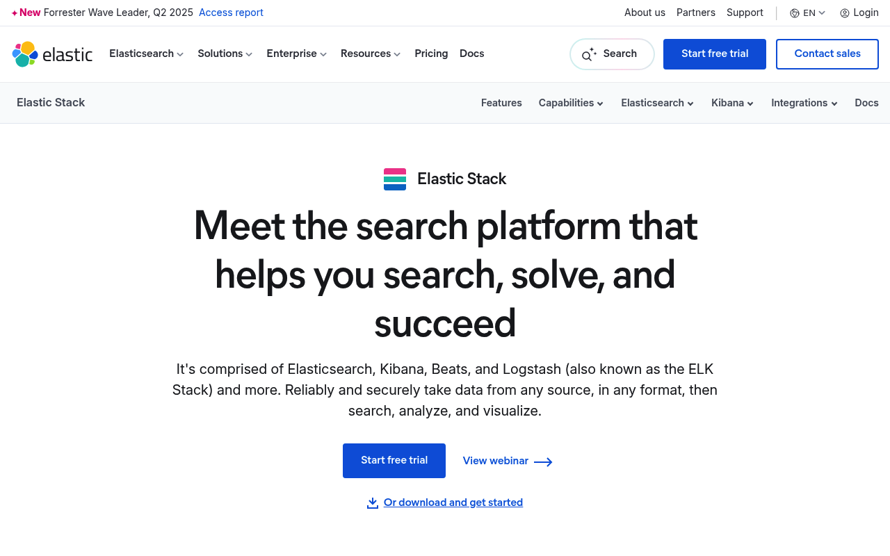Elastic Stack (ELK Stack) website screenshot