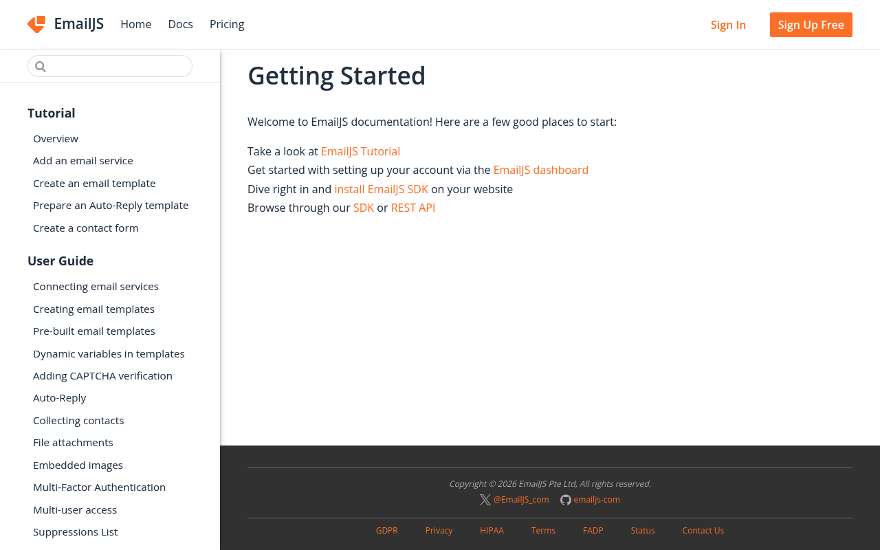 EmailJS website screenshot