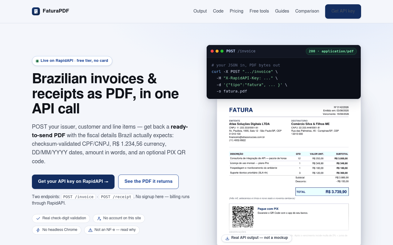 FaturaPDF — Brazilian Invoice & Receipt PDF API screenshot