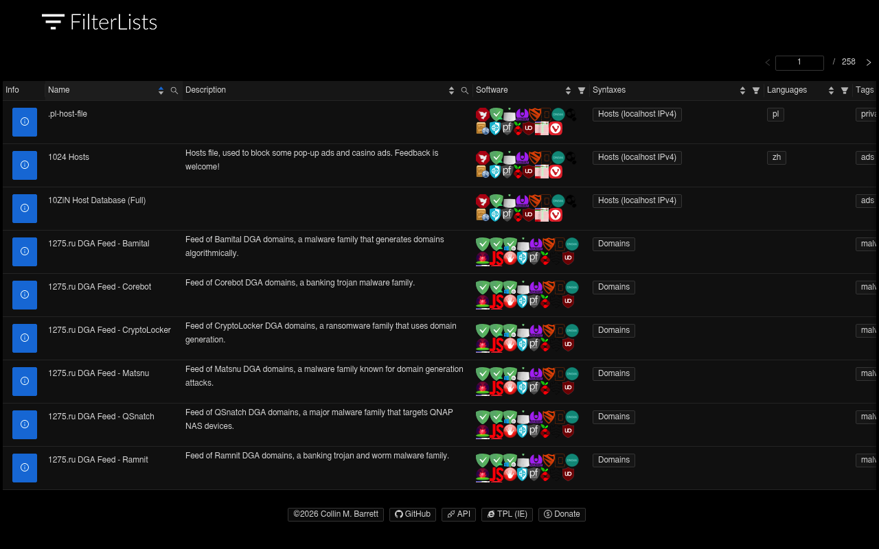 FilterLists website screenshot