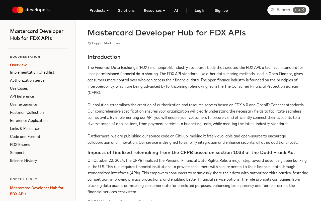 Mastercard Developer Hub for FDX APIs screenshot