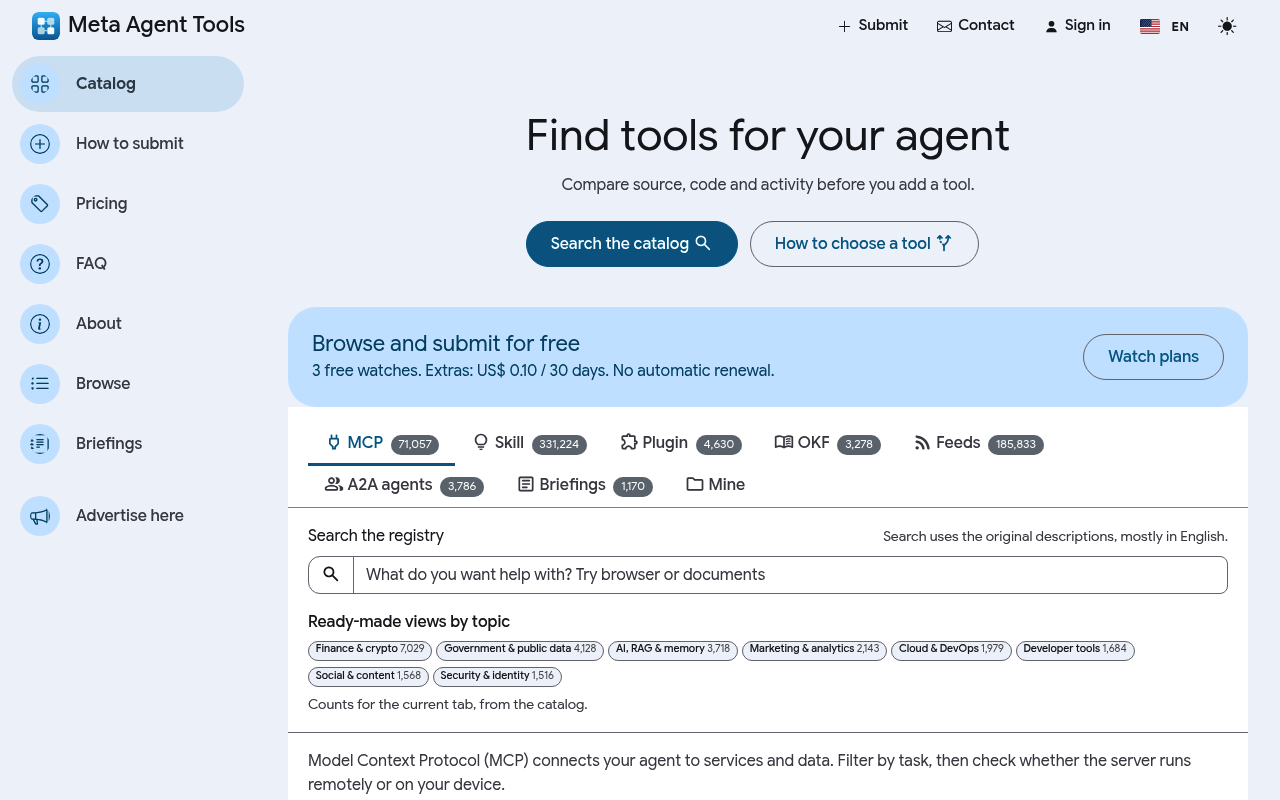 Meta Agent Tools website screenshot