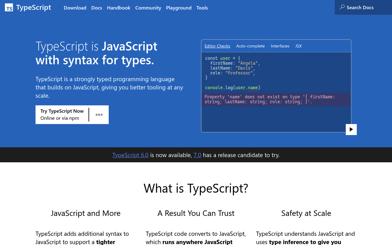 Microsoft TypeScript website screenshot
