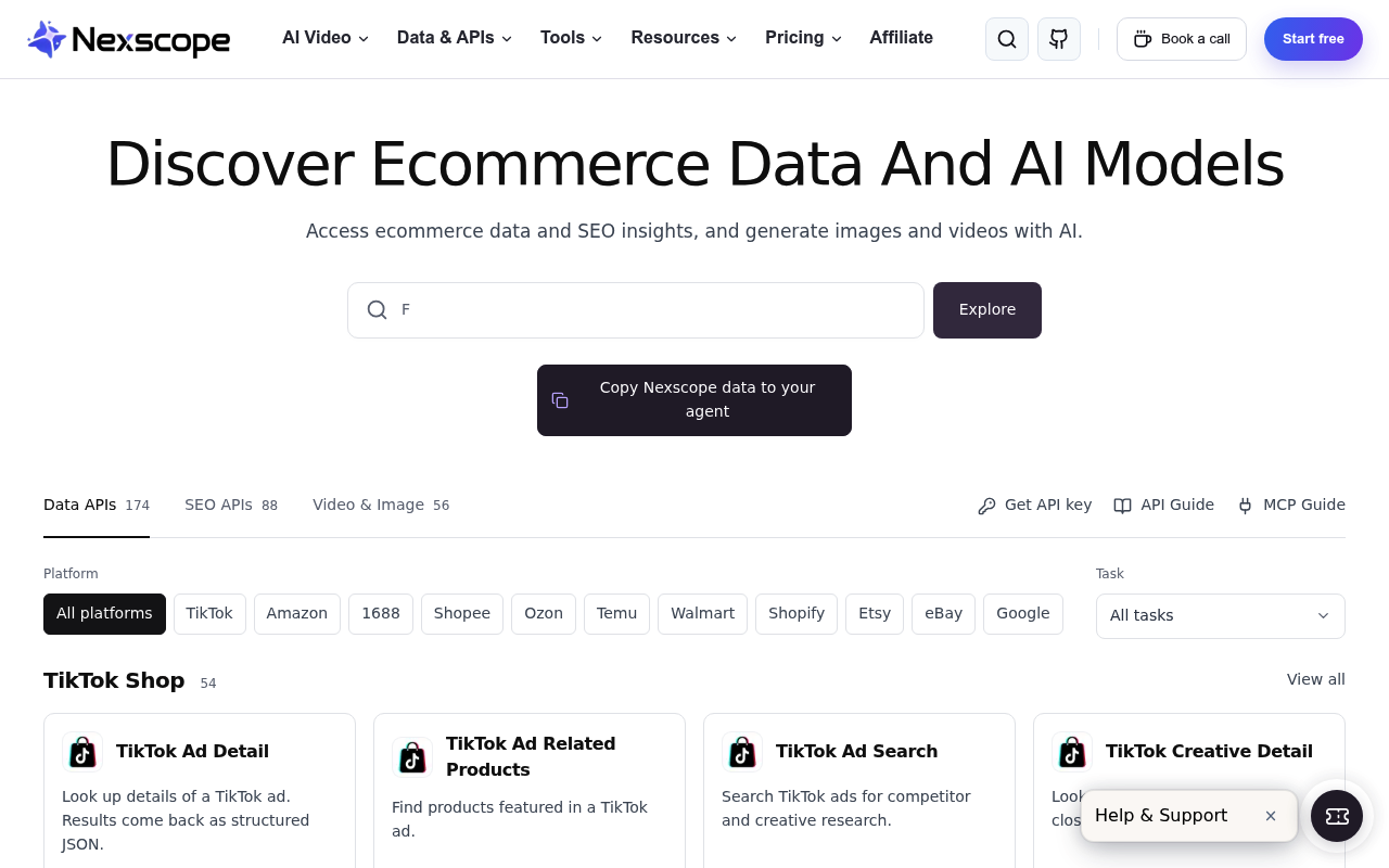 Nexscope Ecommerce Data and Creative APIs website screenshot