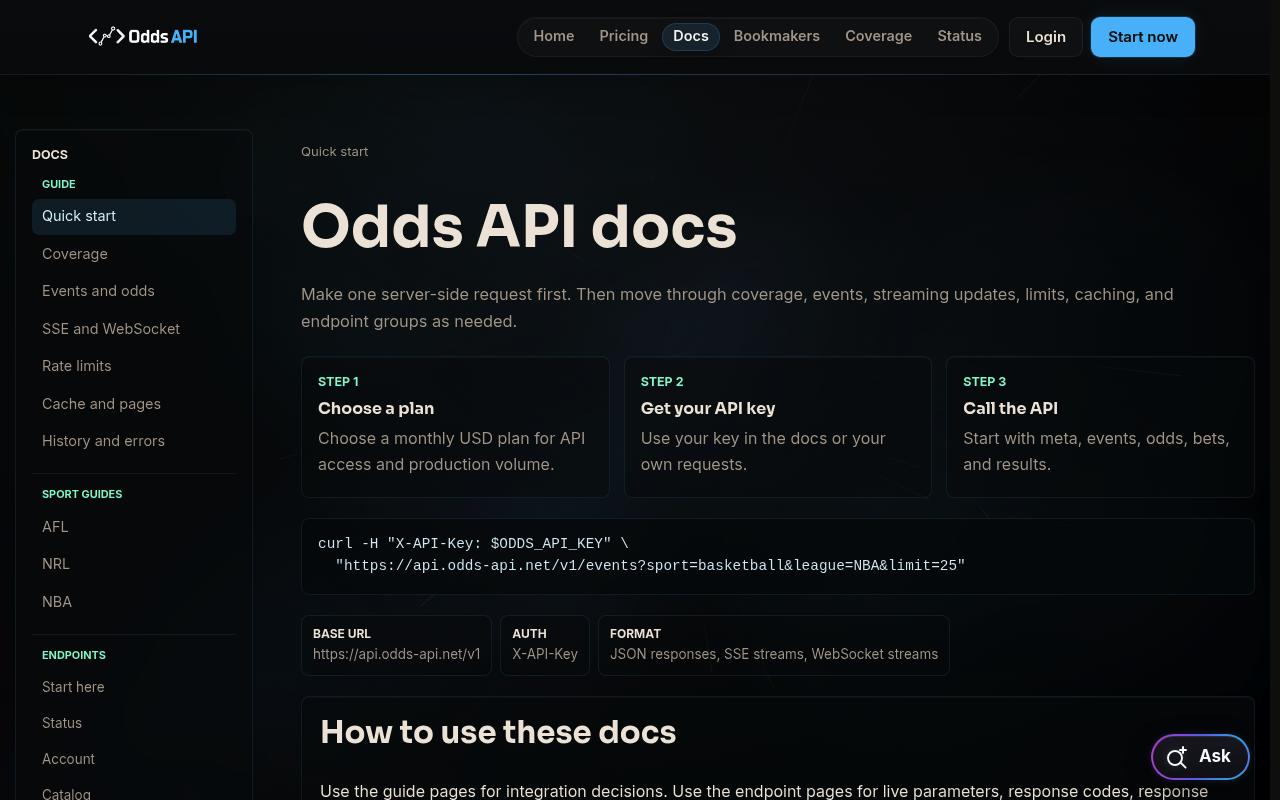 Odds API website screenshot