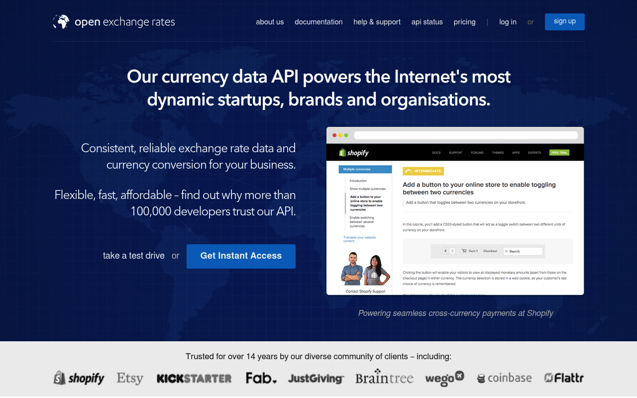 Open Exchange Rates website screenshot