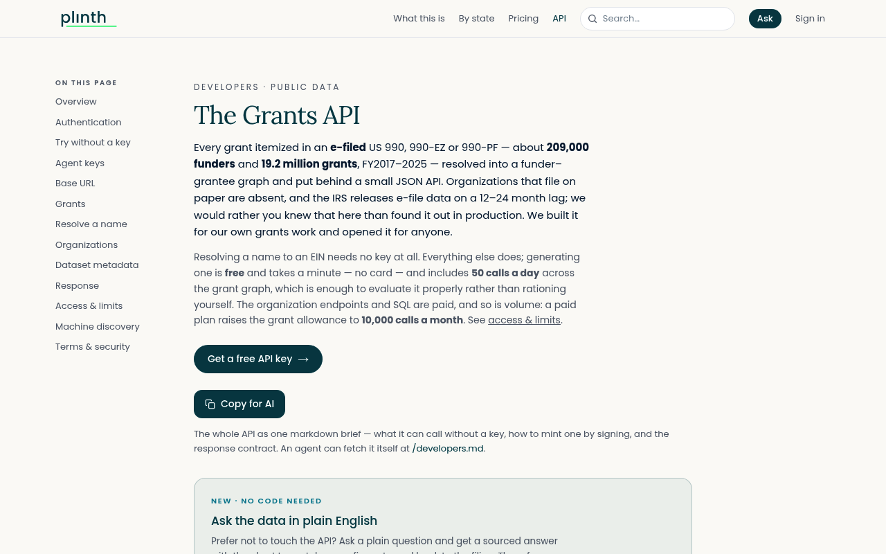 Plinth US Grants Data screenshot