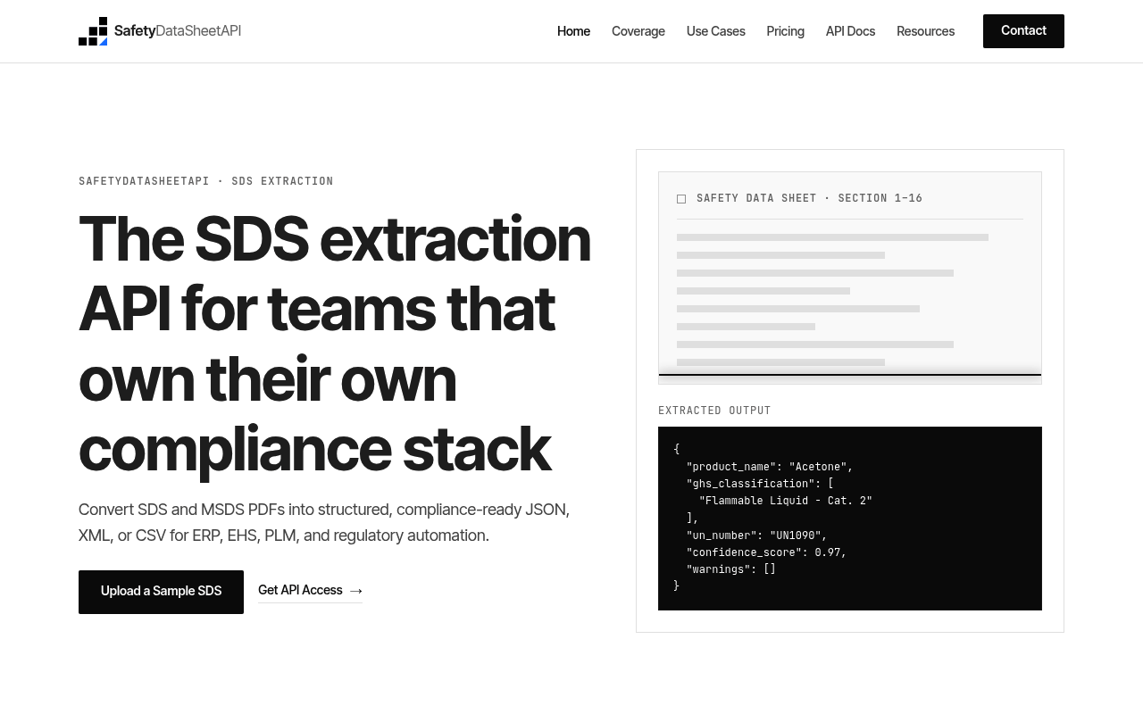 Safety Data Sheet (SDS/MSDS) Extraction API screenshot