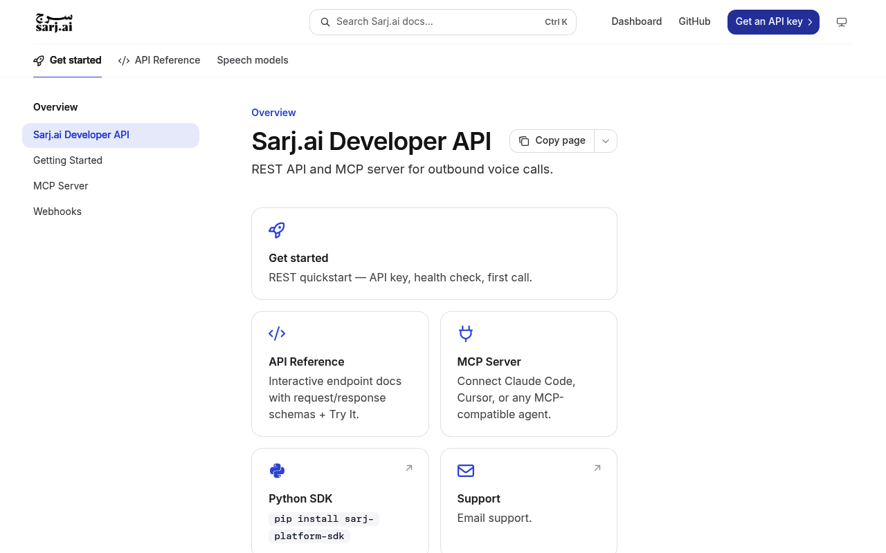 Sarj AI Developer API screenshot