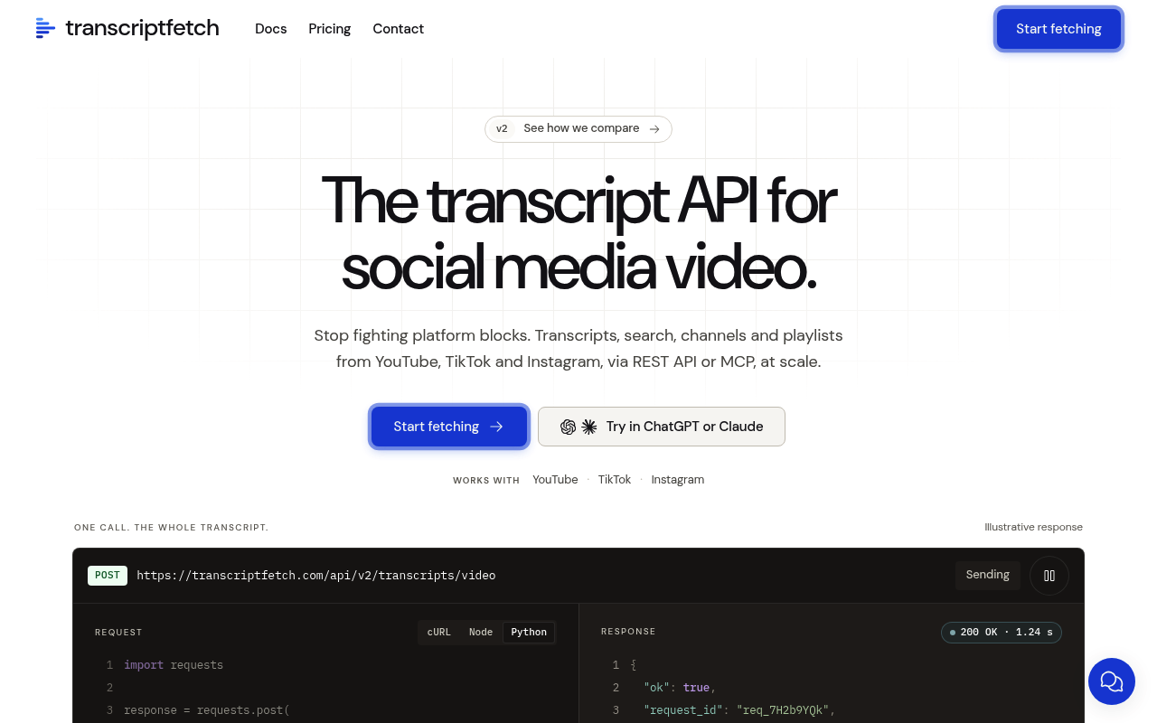 TranscriptFetch website screenshot