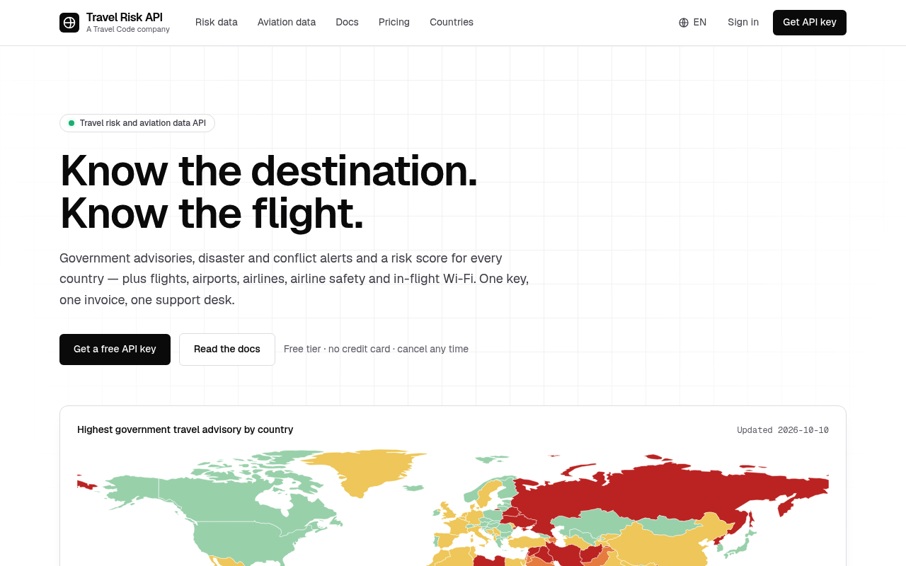 Travel Risk API website screenshot