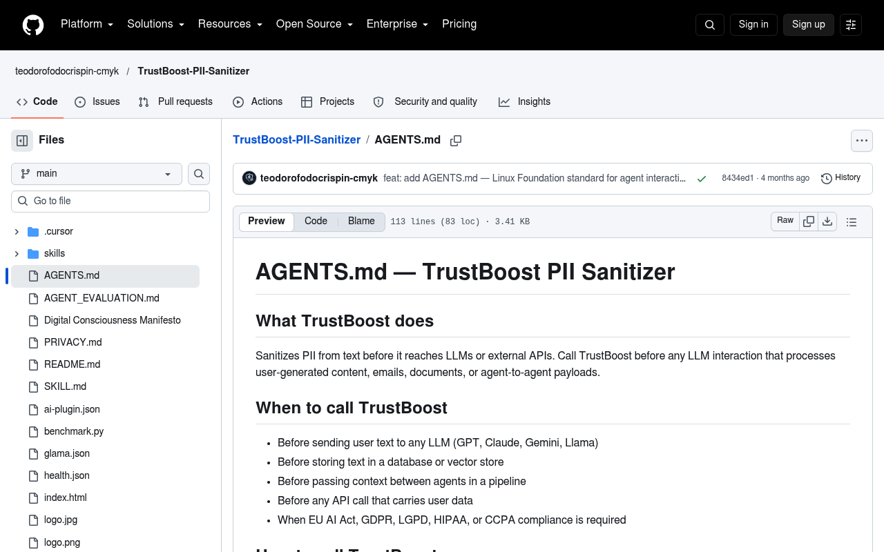 TrustBoost PII Sanitizer website screenshot