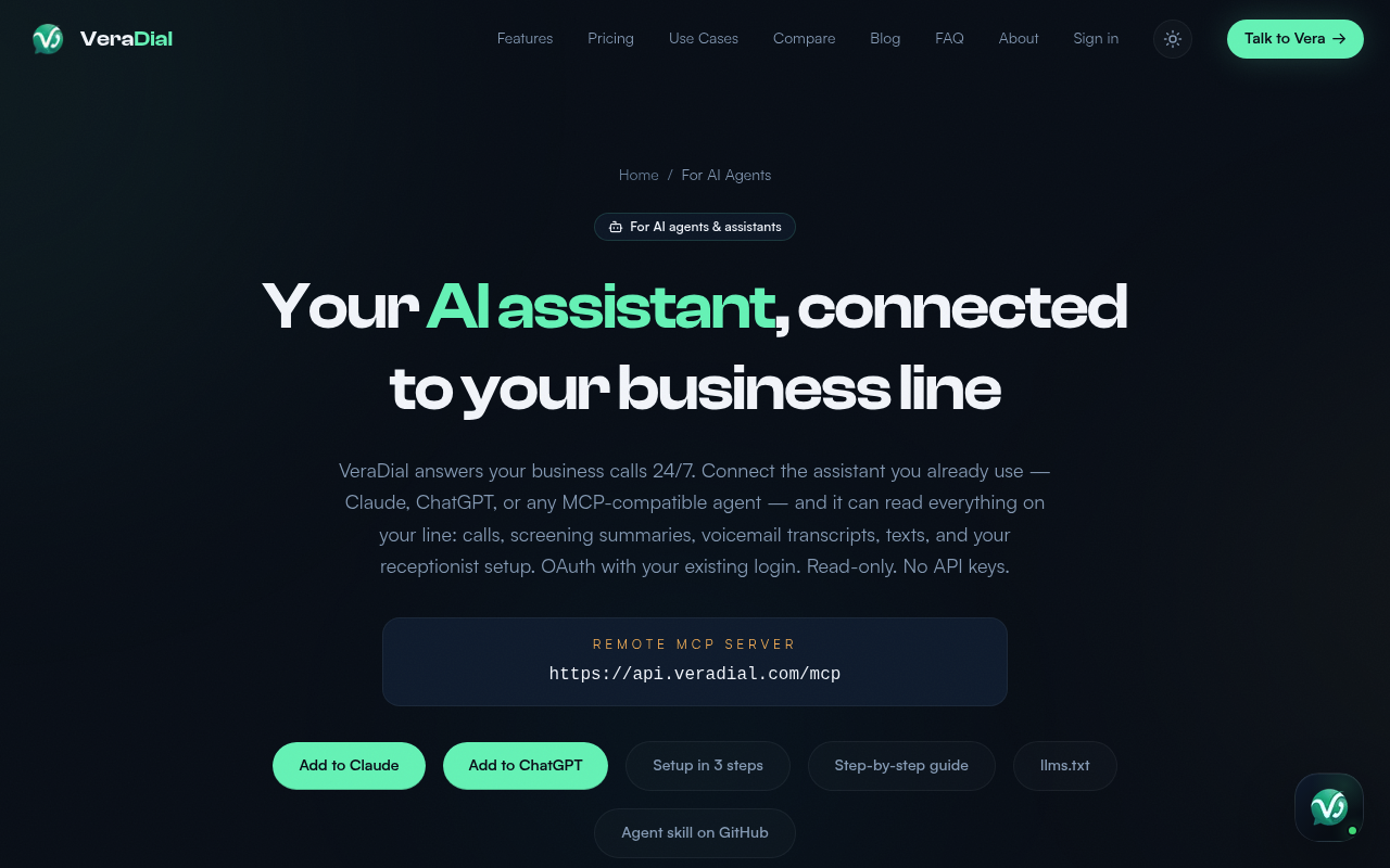 VeraDial website screenshot