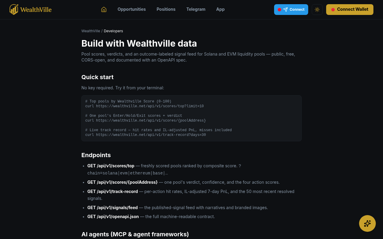 WealthVille — DeFi Liquidity Pool Scores API (Solana & EVM) screenshot