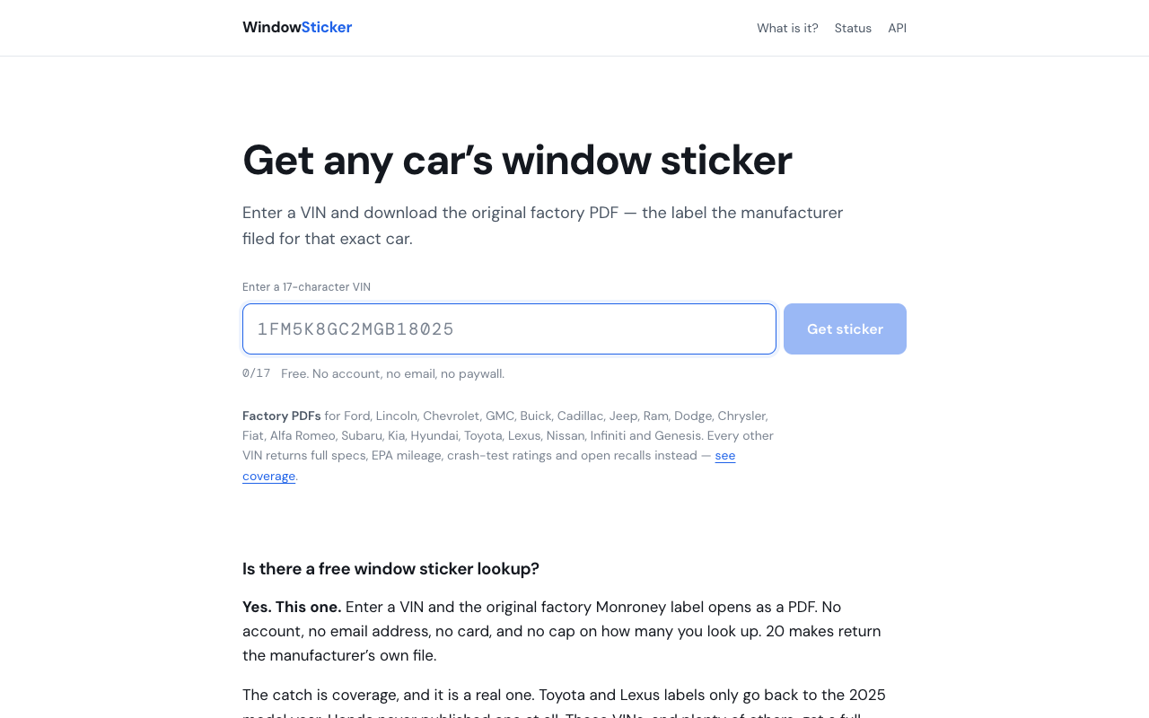 Window Sticker VIN API screenshot